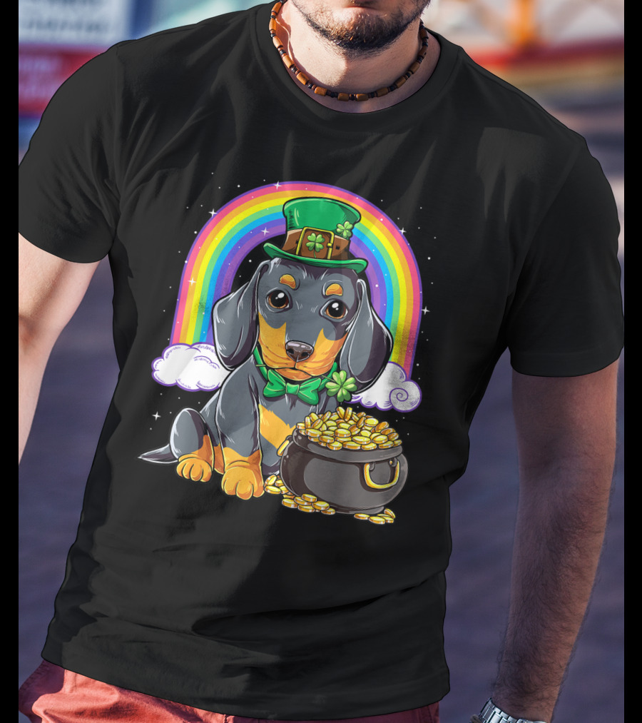 Dachshund St Patricks Day Leprechaun Rainbow Pot Of Gold T-Shirt