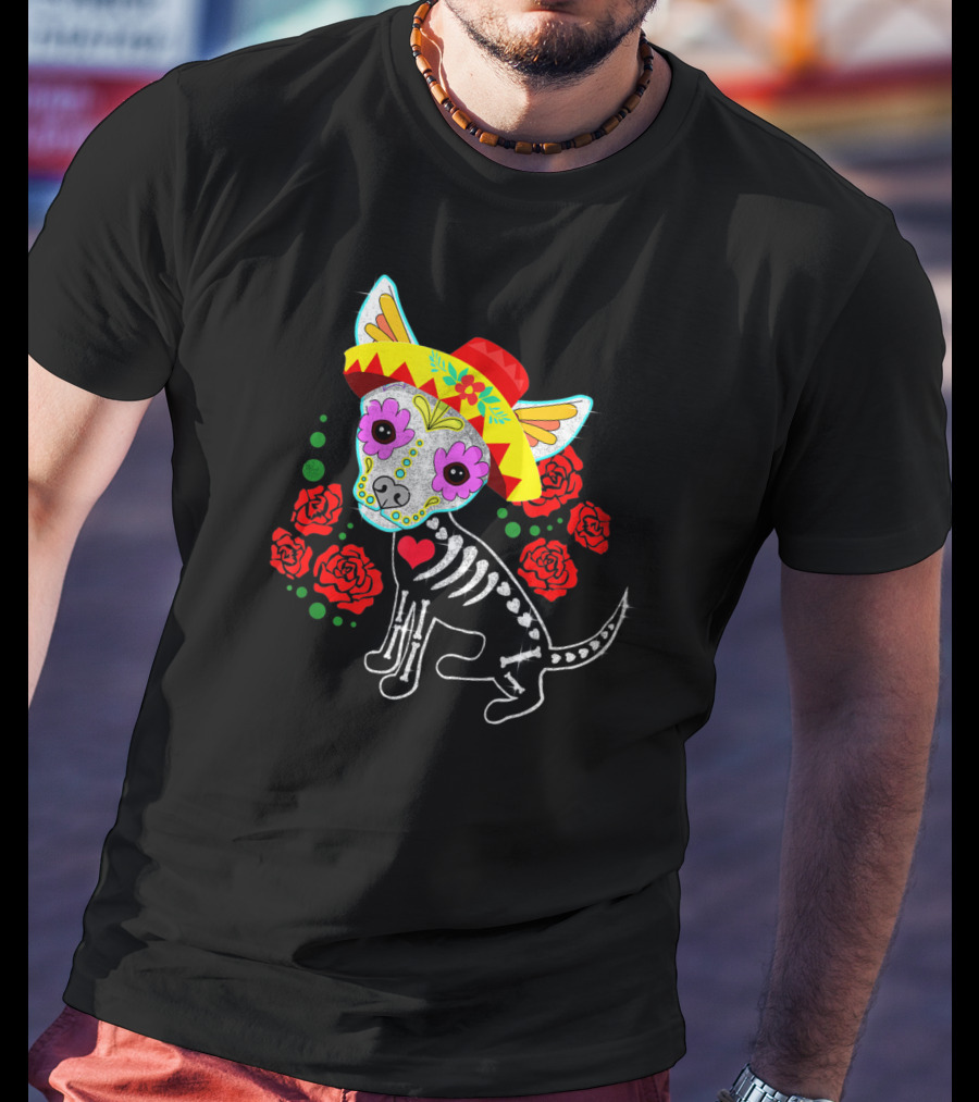 Day Of The Dead Chihuahua Skeleton Sombrero Roses T-Shirt