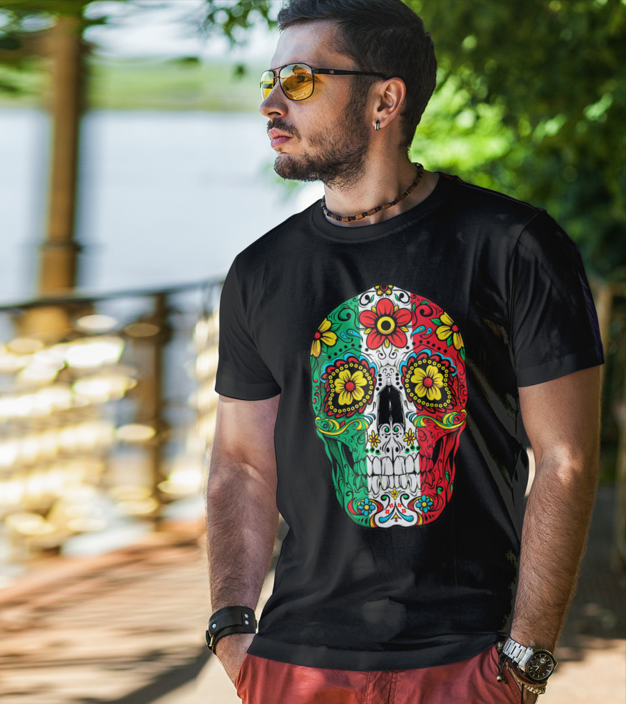 Day Of The Dead Sugar Skull Mexican Flag Flowers Colorful T-Shirt