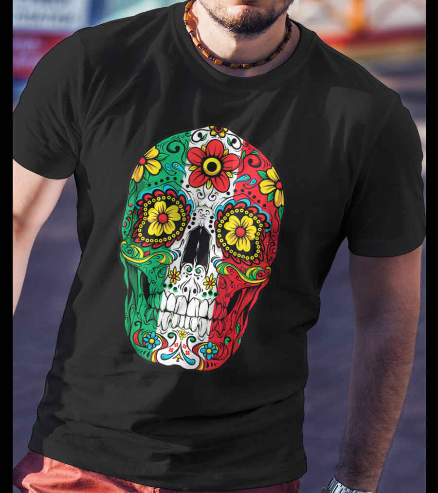 Day Of The Dead Sugar Skull Mexican Flag Flowers Colorful T-Shirt