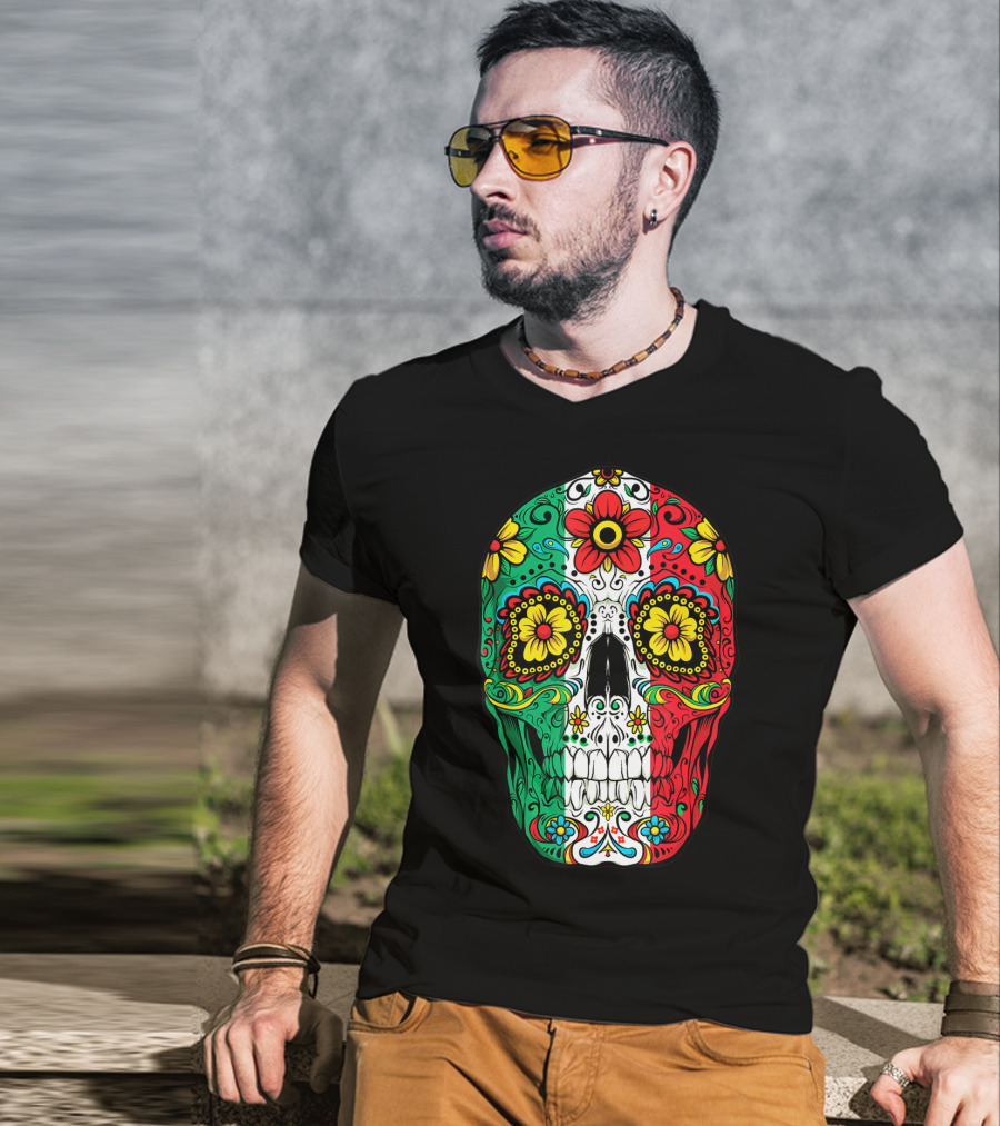 Day Of The Dead Sugar Skull Mexican Flag Flowers Colorful T-Shirt