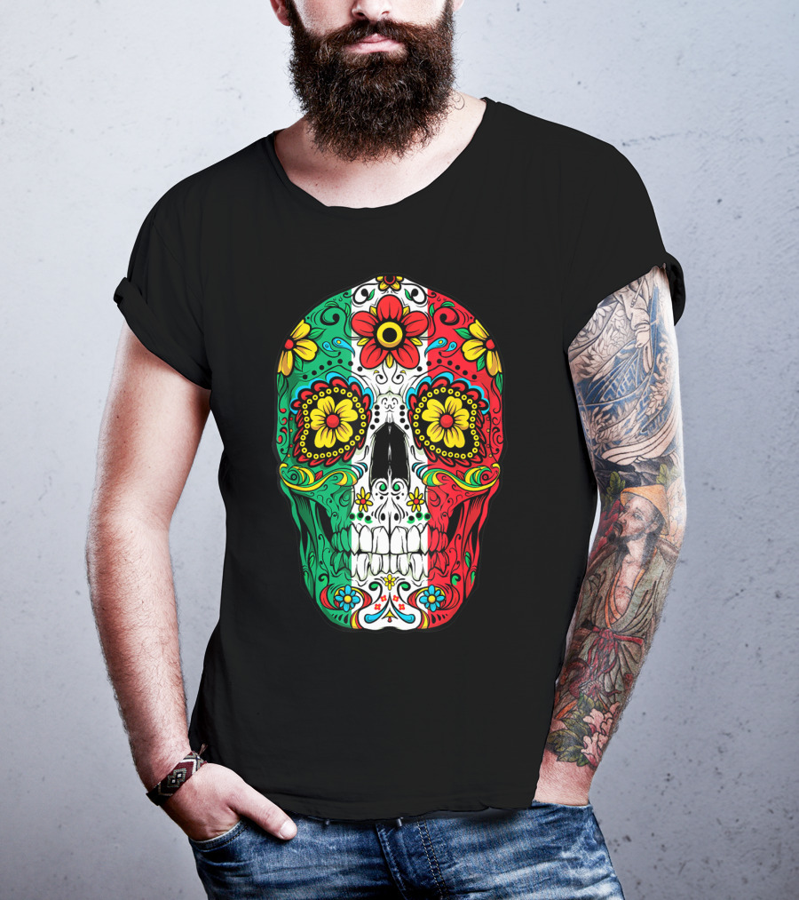 Day Of The Dead Sugar Skull Mexican Flag Flowers Colorful T-Shirt