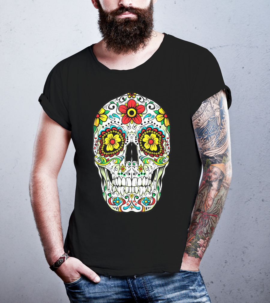 Day Of The Dead Sugar Skull Colorful Flowered Design Cinco De Mayo T-Shirt
