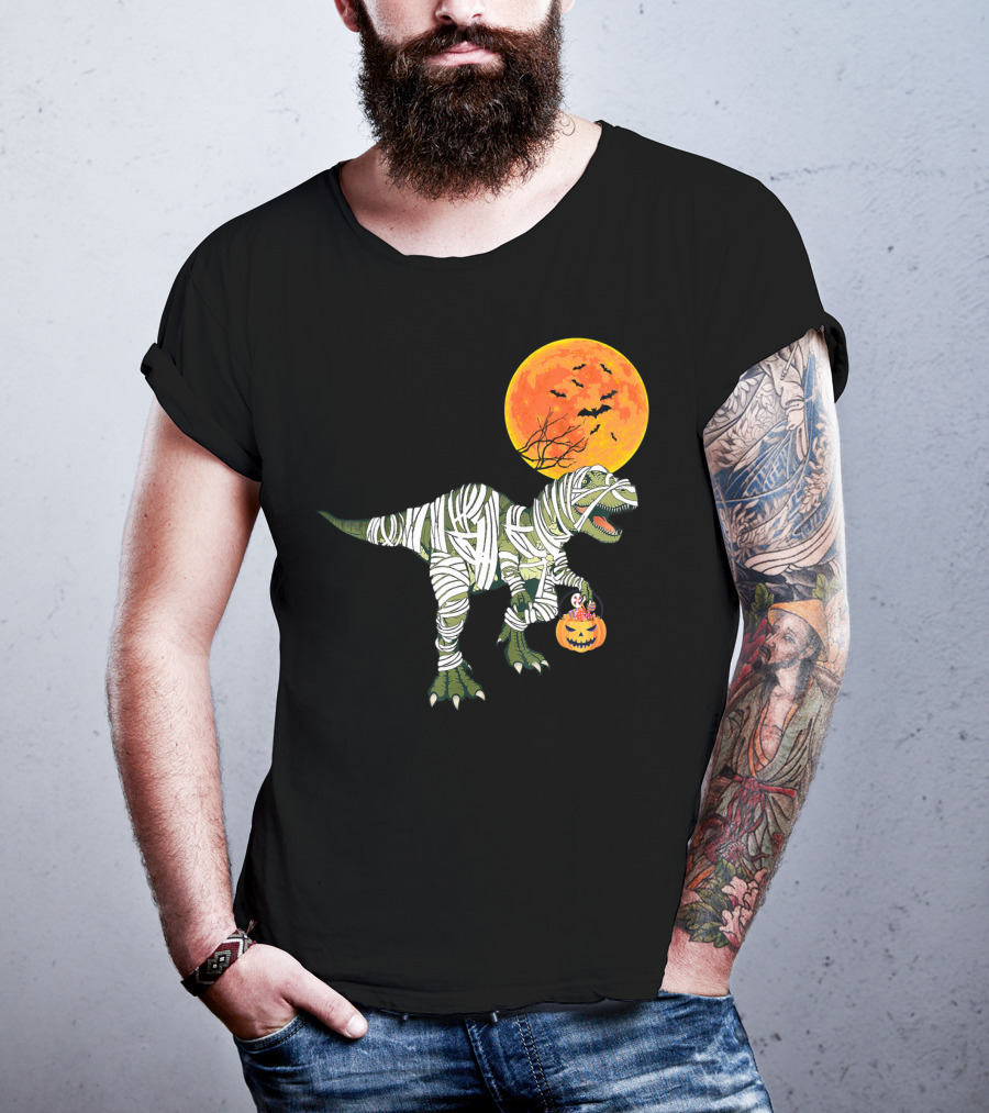 Dinosaur Halloween Mummy With Pumpkin And Full Moon Background T-Shirt