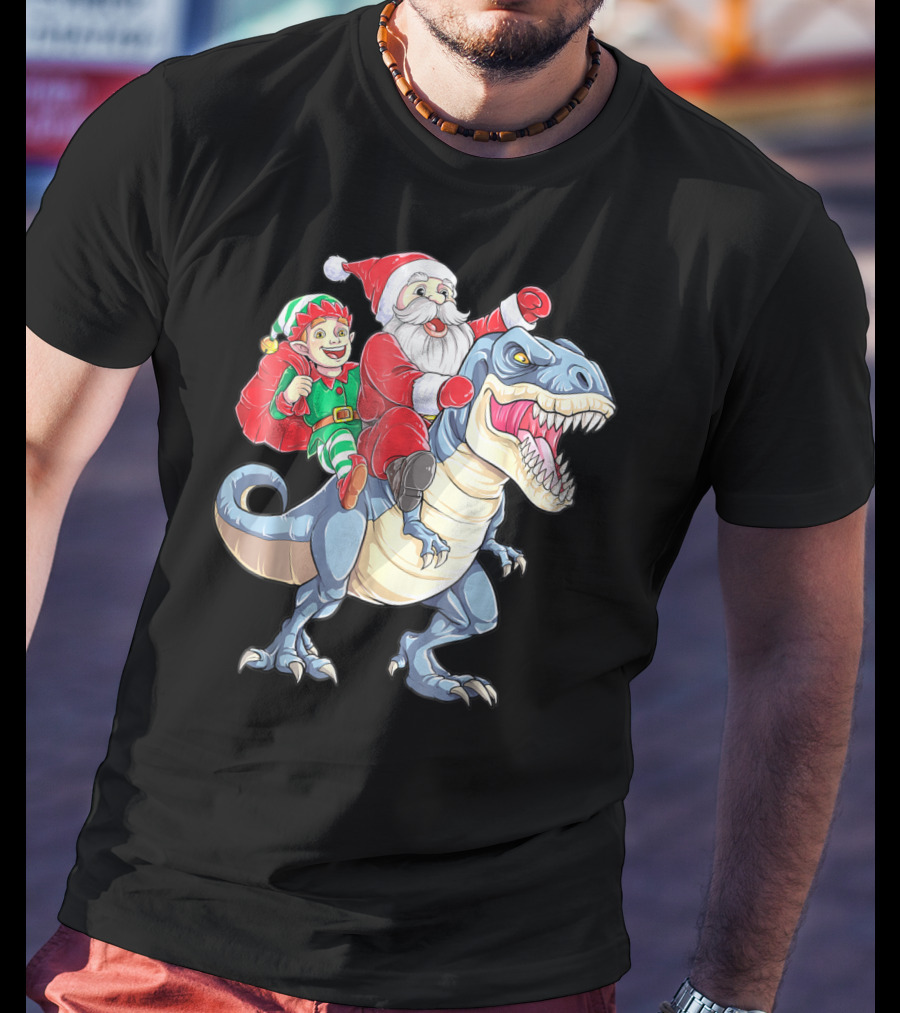 Dinosaur Christmas Santa And Elf Riding T-Rex T-Shirt