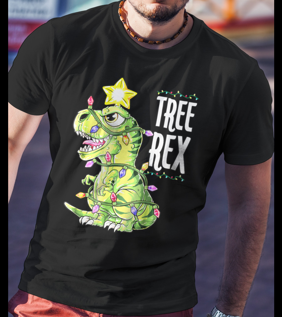 Tree Rex Dinosaur Christmas Lights Boys T-Shirt