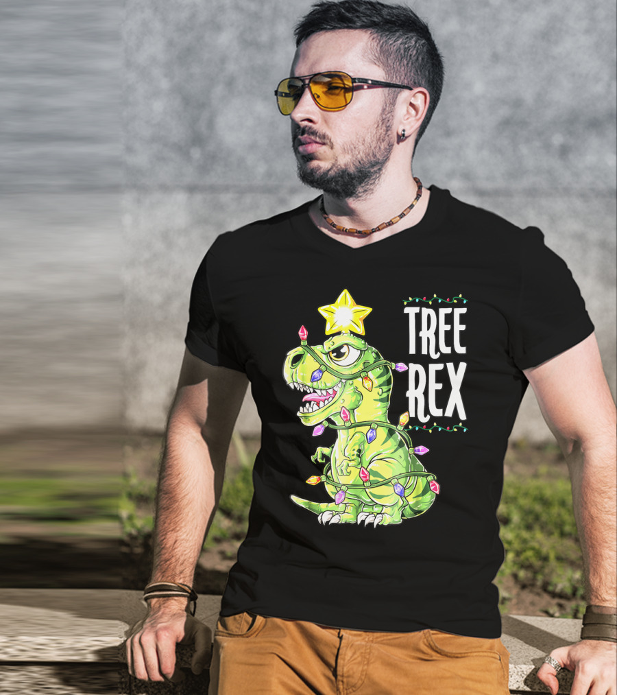 Tree Rex Dinosaur Christmas Lights Boys T-Shirt