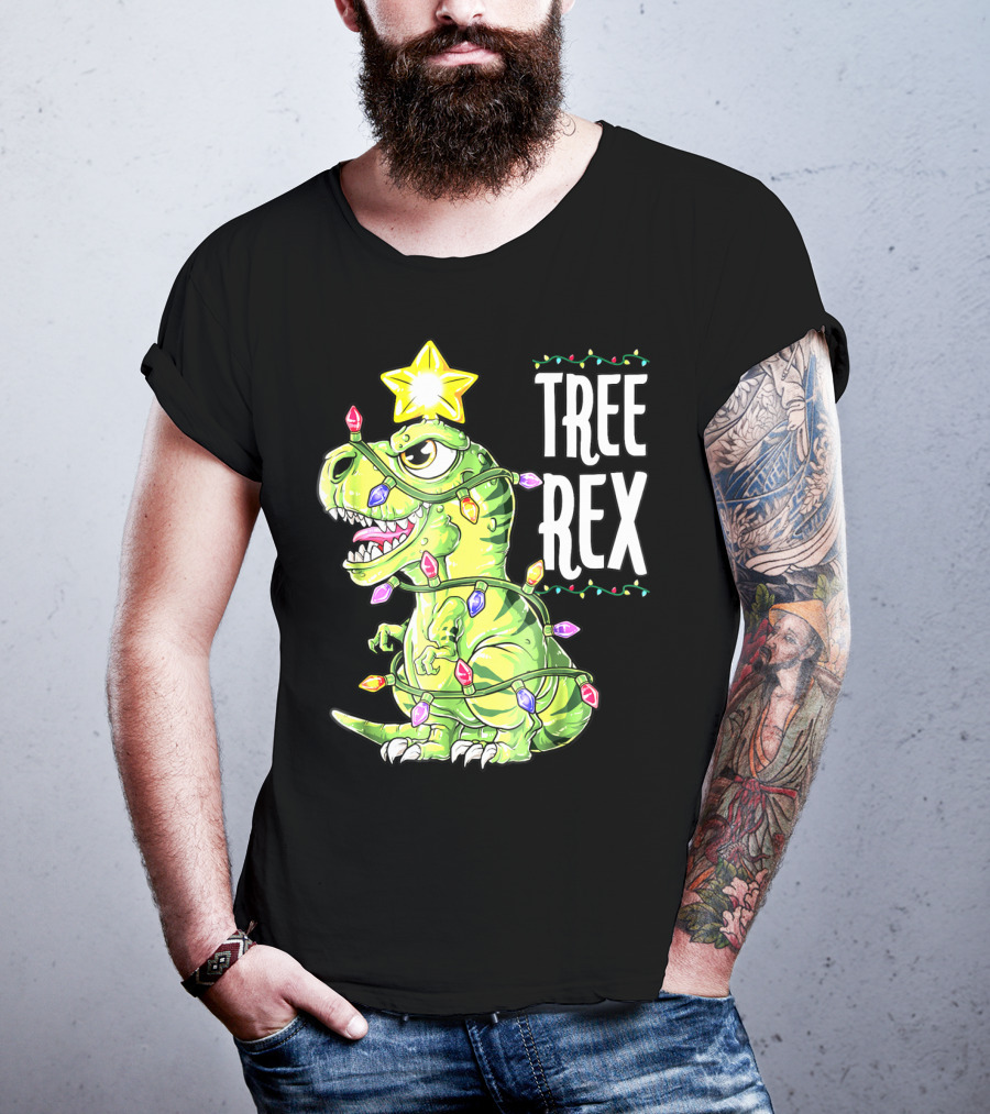 Tree Rex Dinosaur Christmas Lights Boys T-Shirt