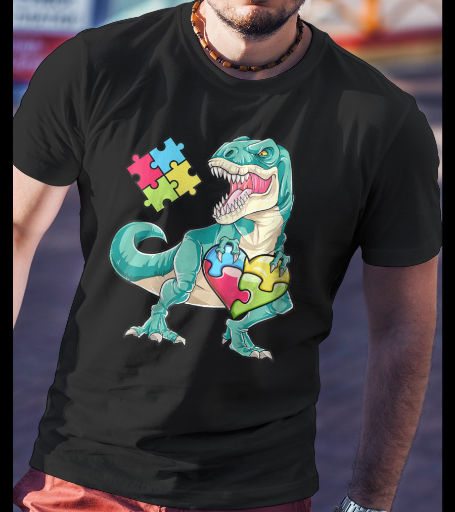 Dinosaur Holding Puzzle Heart Autism Awareness Boys T-Shirt