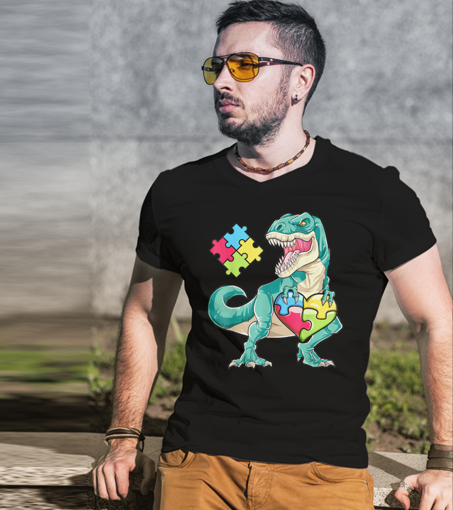 Dinosaur Holding Puzzle Heart Autism Awareness Boys T-Shirt