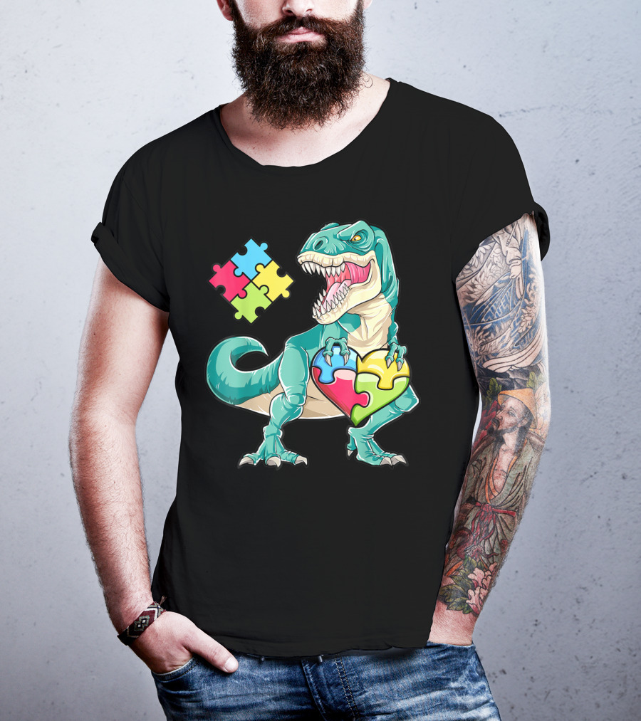 Dinosaur Holding Puzzle Heart Autism Awareness Boys T-Shirt