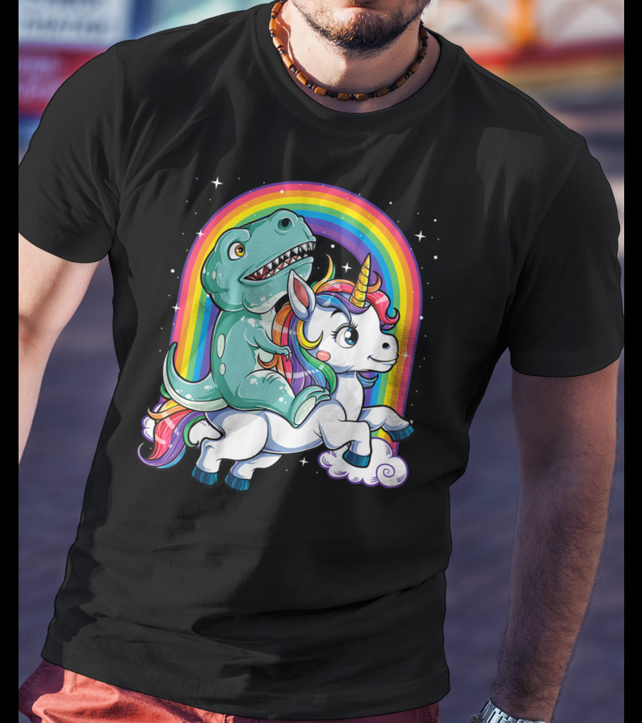 Dinosaur Riding Unicorn Rainbow Rex Sparkle Stars Fantasy T-Shirt
