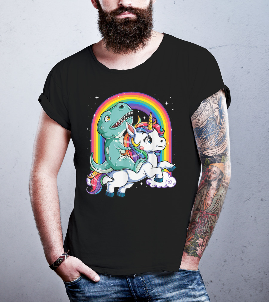 Dinosaur Riding Unicorn Rainbow Rex Sparkle Stars Fantasy T-Shirt