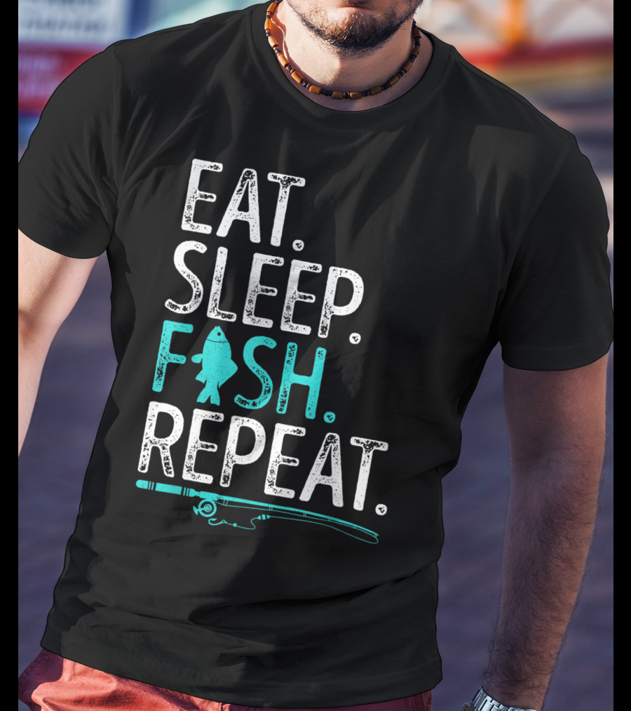 Eat Sleep Fish Repeat Kids Fishing Fishing Rod Teal Fish T-Shirt