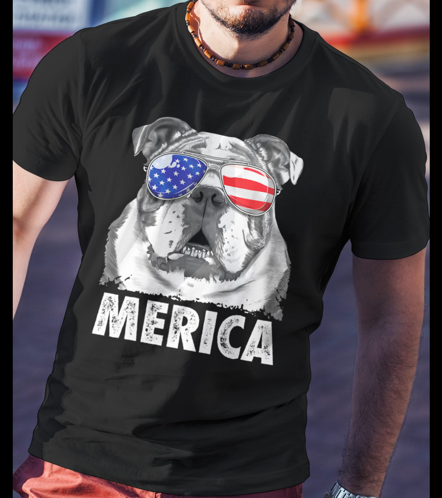 Merica English Bulldog USA Flag Sunglasses T-Shirt
