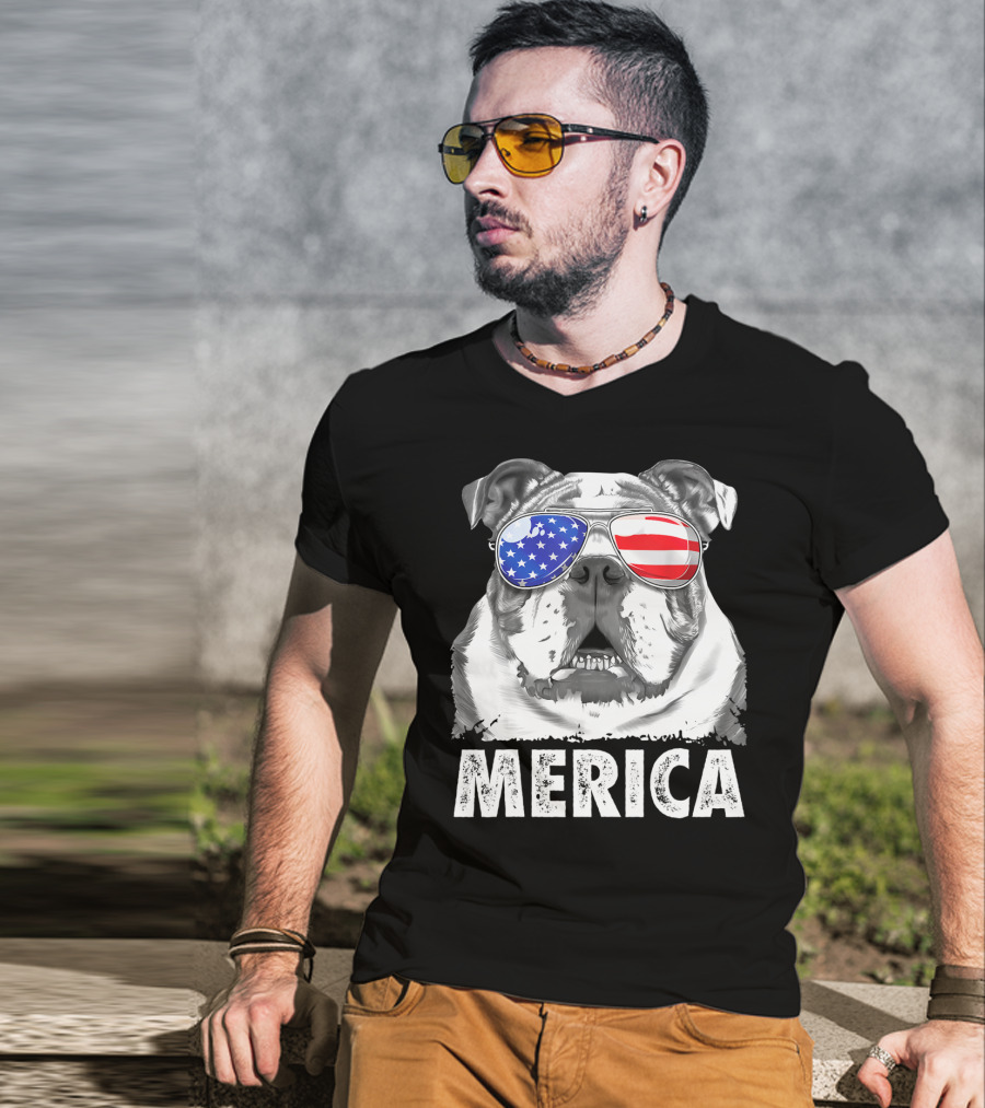 Merica English Bulldog USA Flag Sunglasses T-Shirt