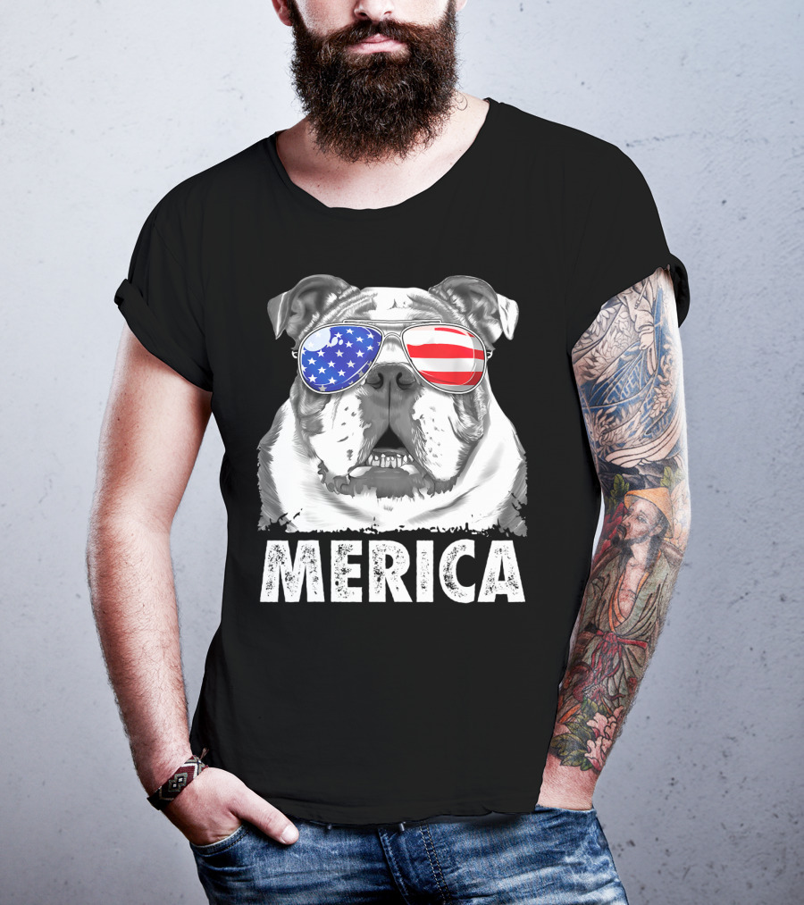 Merica English Bulldog USA Flag Sunglasses T-Shirt