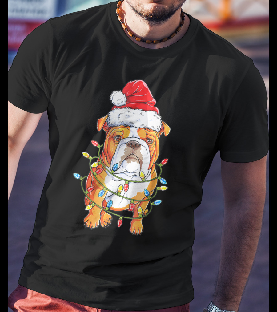 English Bulldog Santa Hat Wrapped In Christmas Lights Holiday Festive Fun T-Shirt
