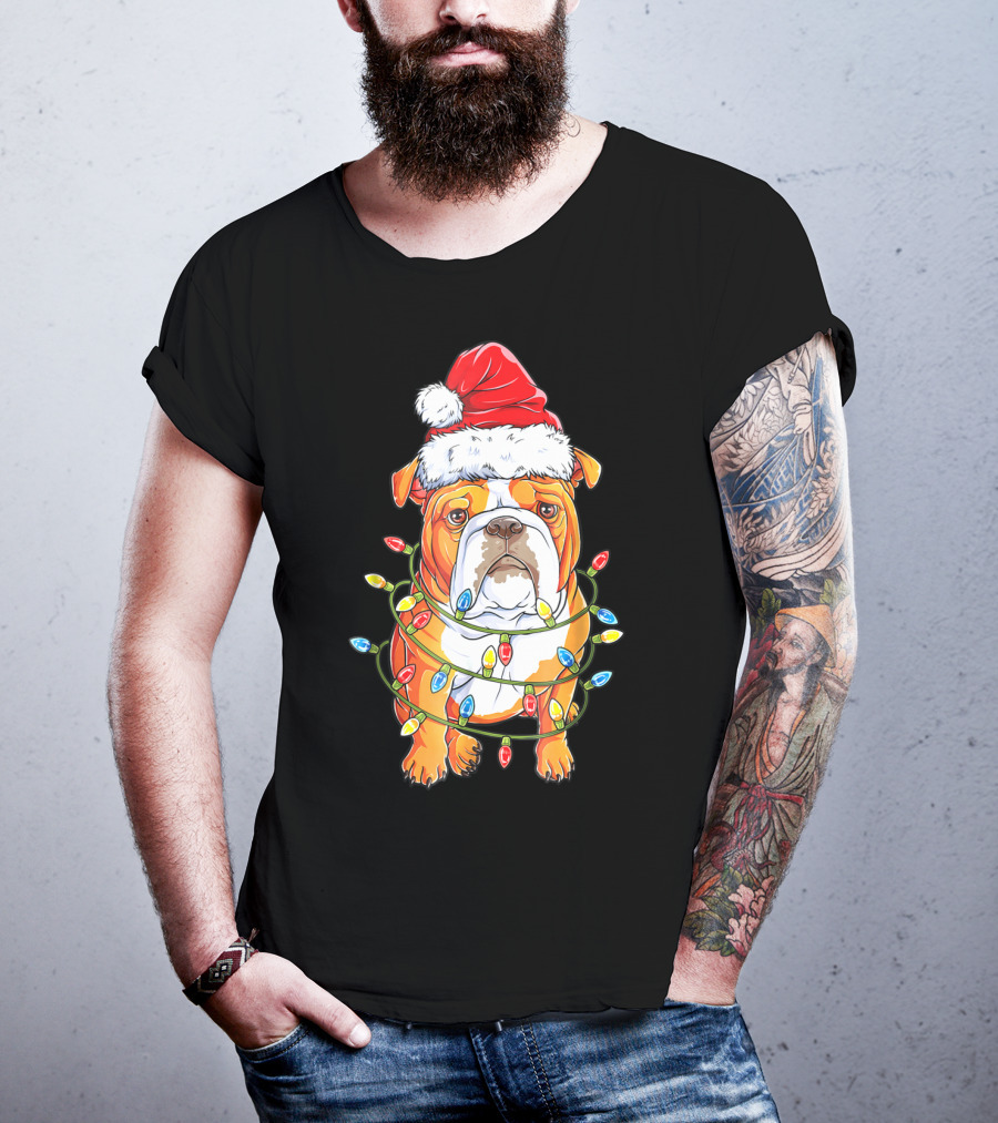 English Bulldog Santa Hat Wrapped In Christmas Lights Holiday Festive Fun T-Shirt
