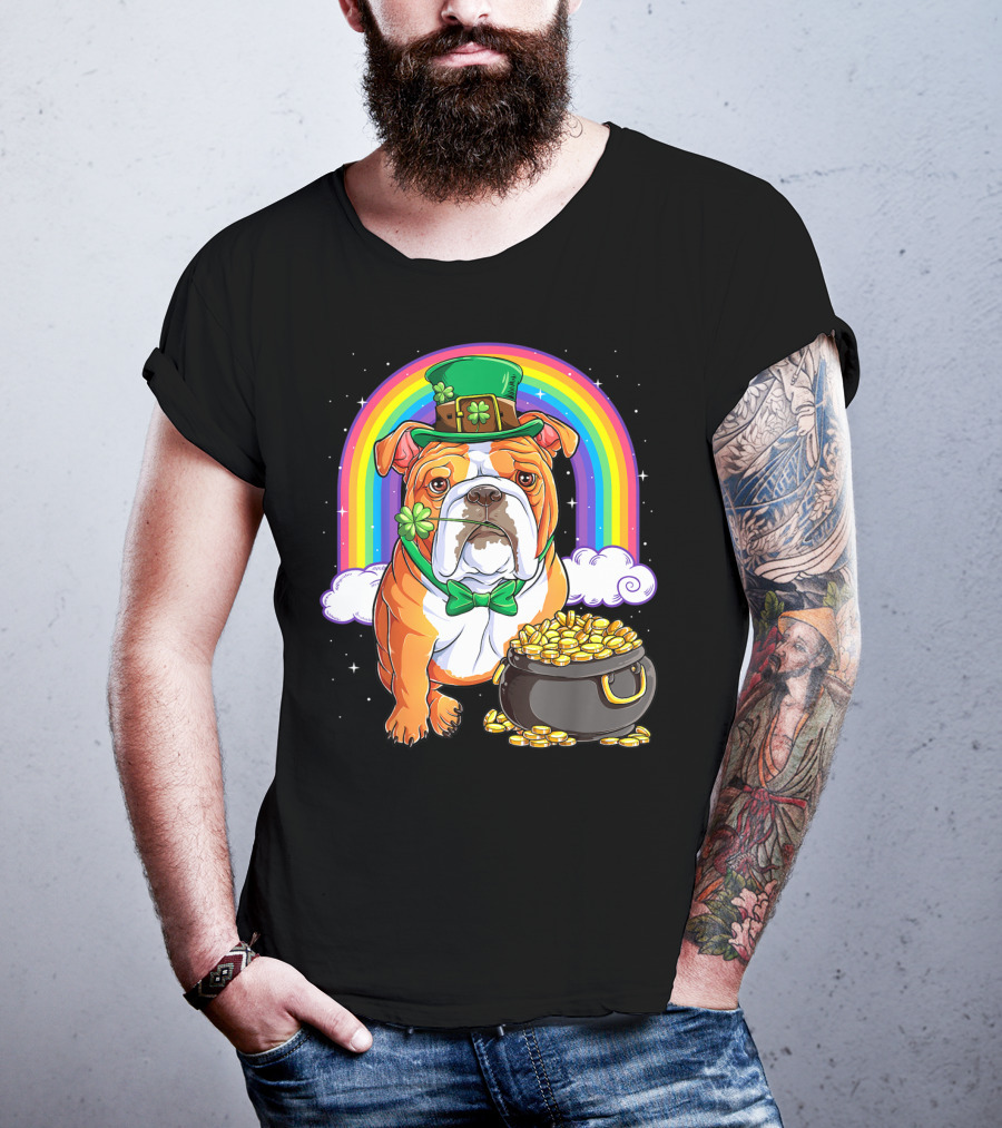 English Bulldog Leprechaun St Patricks Day Rainbow Gold Pot T-Shirt
