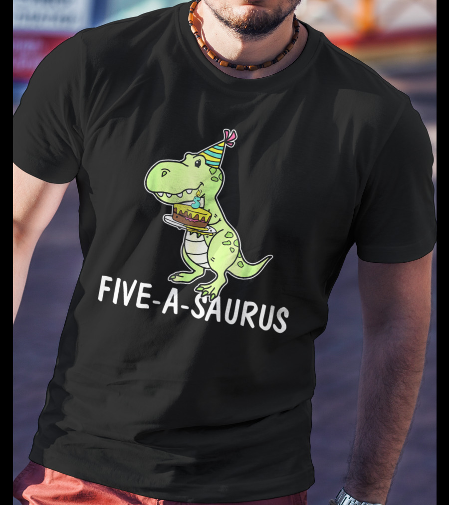 Five-A-Saurus T-Rex Birthday Cake Party Hat 5 Years Old T-Shirt