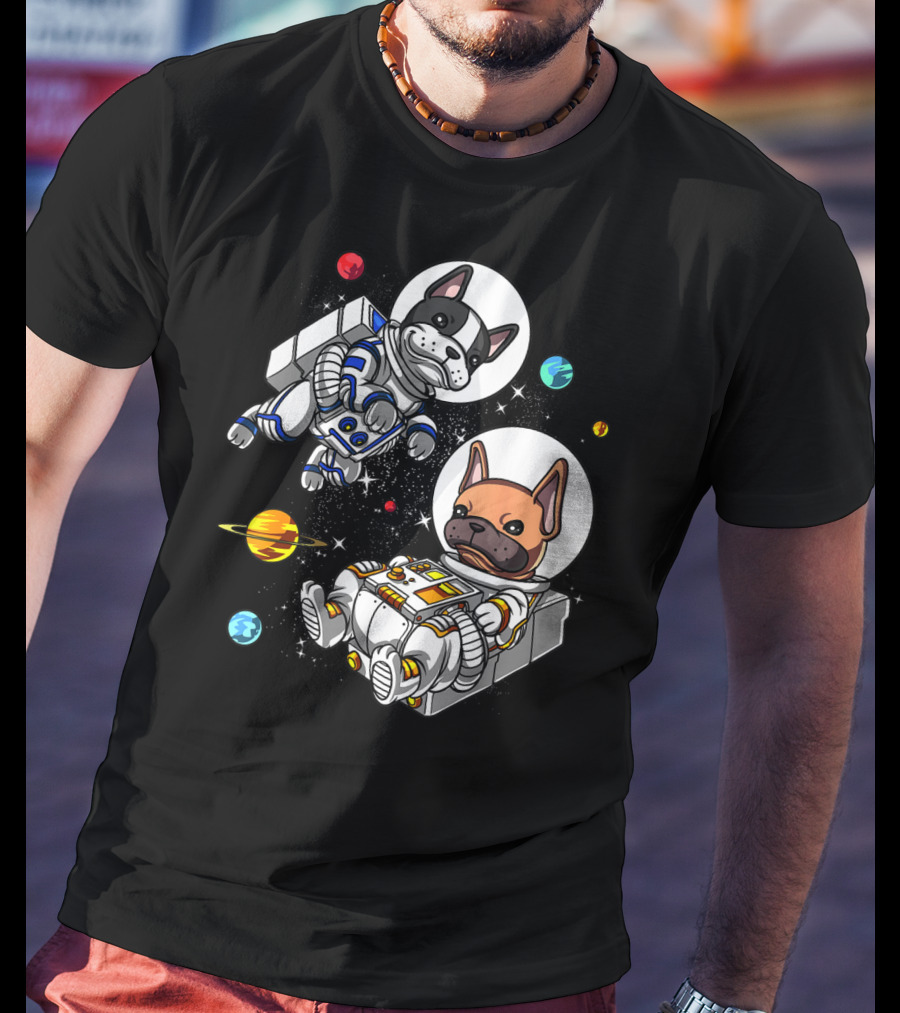 French Bulldog Astronauts In Space With Planets And Stars T-Shirt