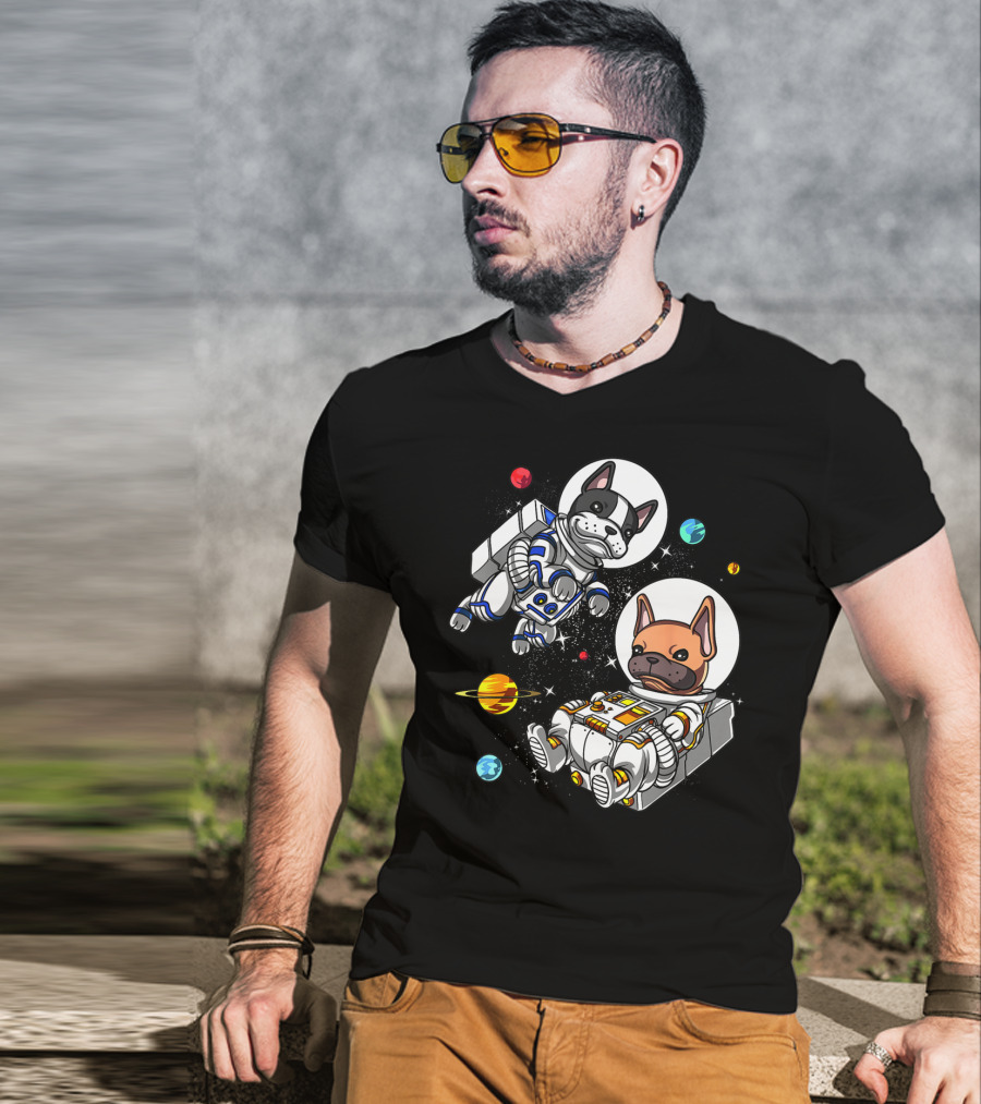 French Bulldog Astronauts In Space With Planets And Stars T-Shirt