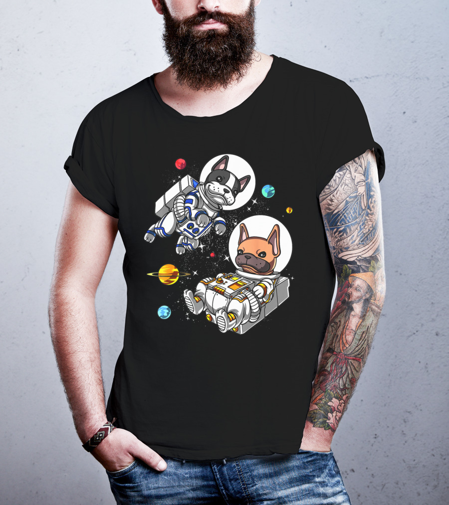French Bulldog Astronauts In Space With Planets And Stars T-Shirt