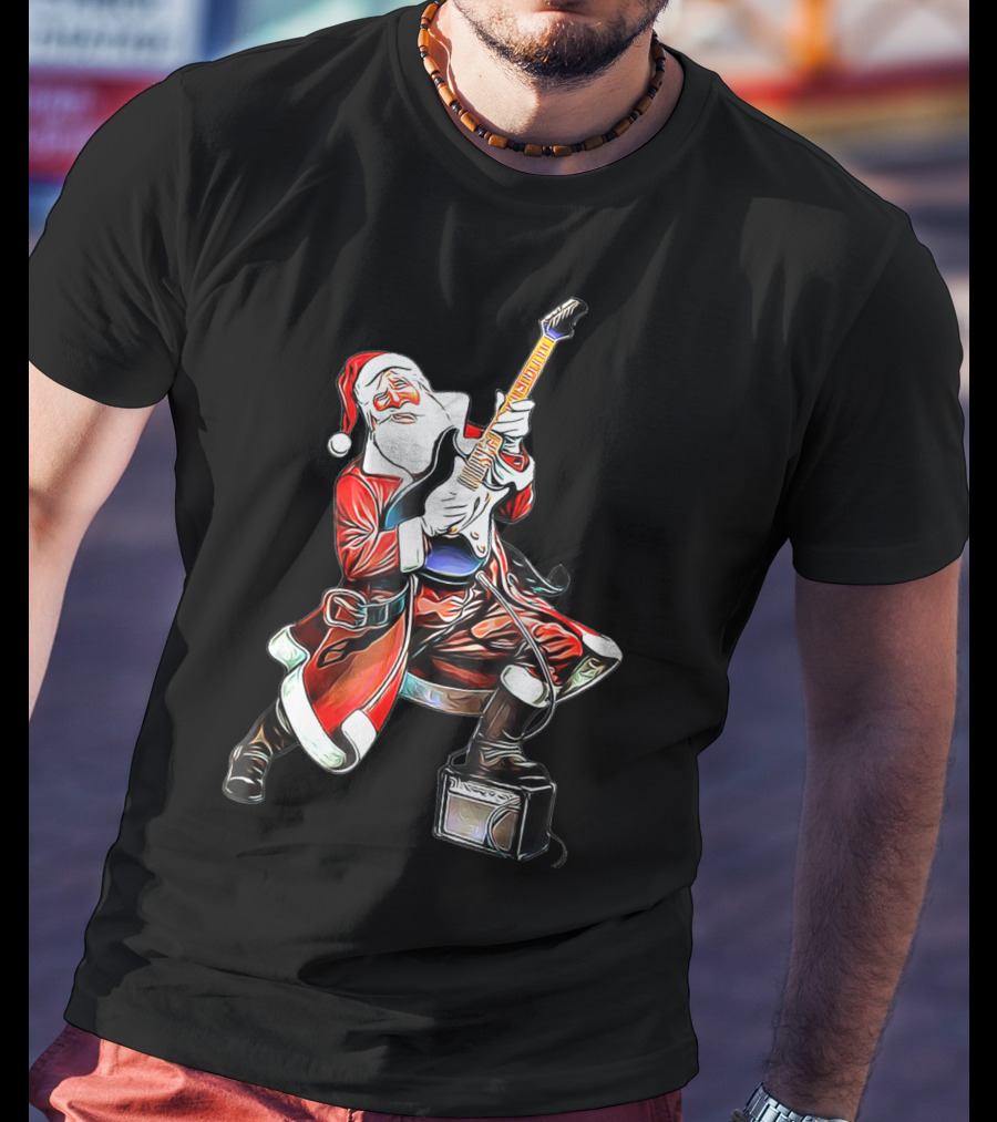 Funny Christmas Rock N Roll Santa Playing Guitar T-Shirt