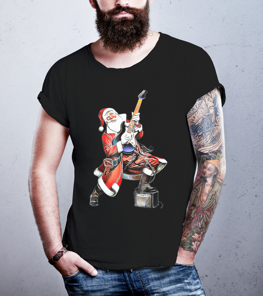 Funny Christmas Rock N Roll Santa Playing Guitar T-Shirt