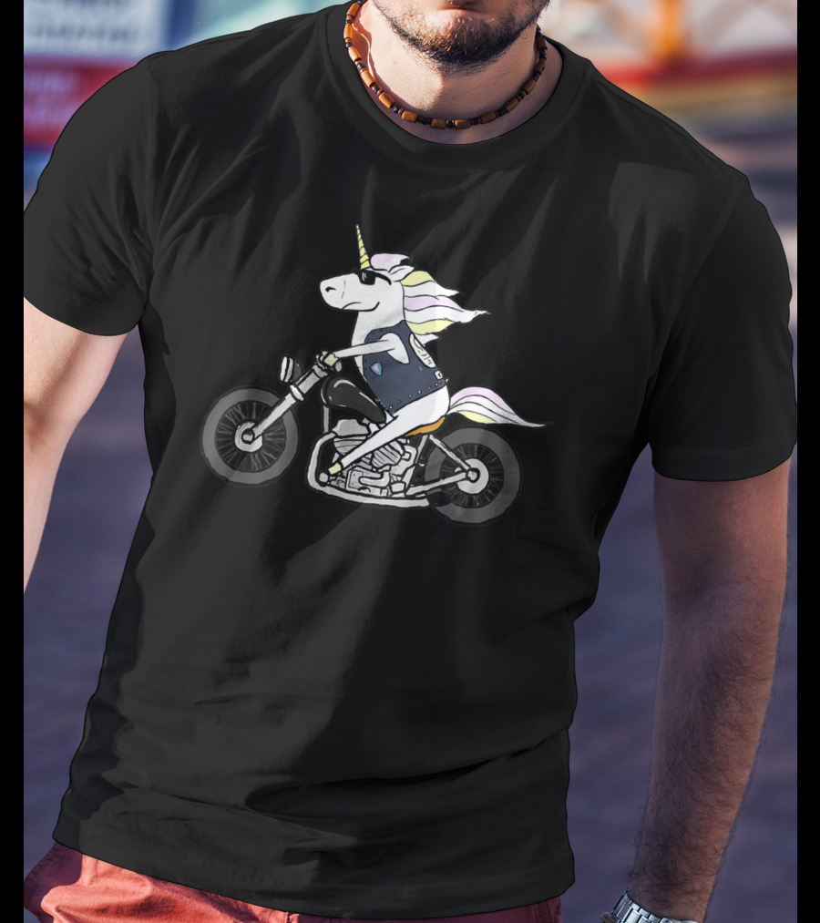 Funny Cool Unicorn Riding Motorcycle With Sunglasses T-Shirt