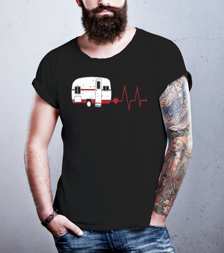 Funny Valentine's Day Camping Women Girls Heartbeat Camper T-Shirt