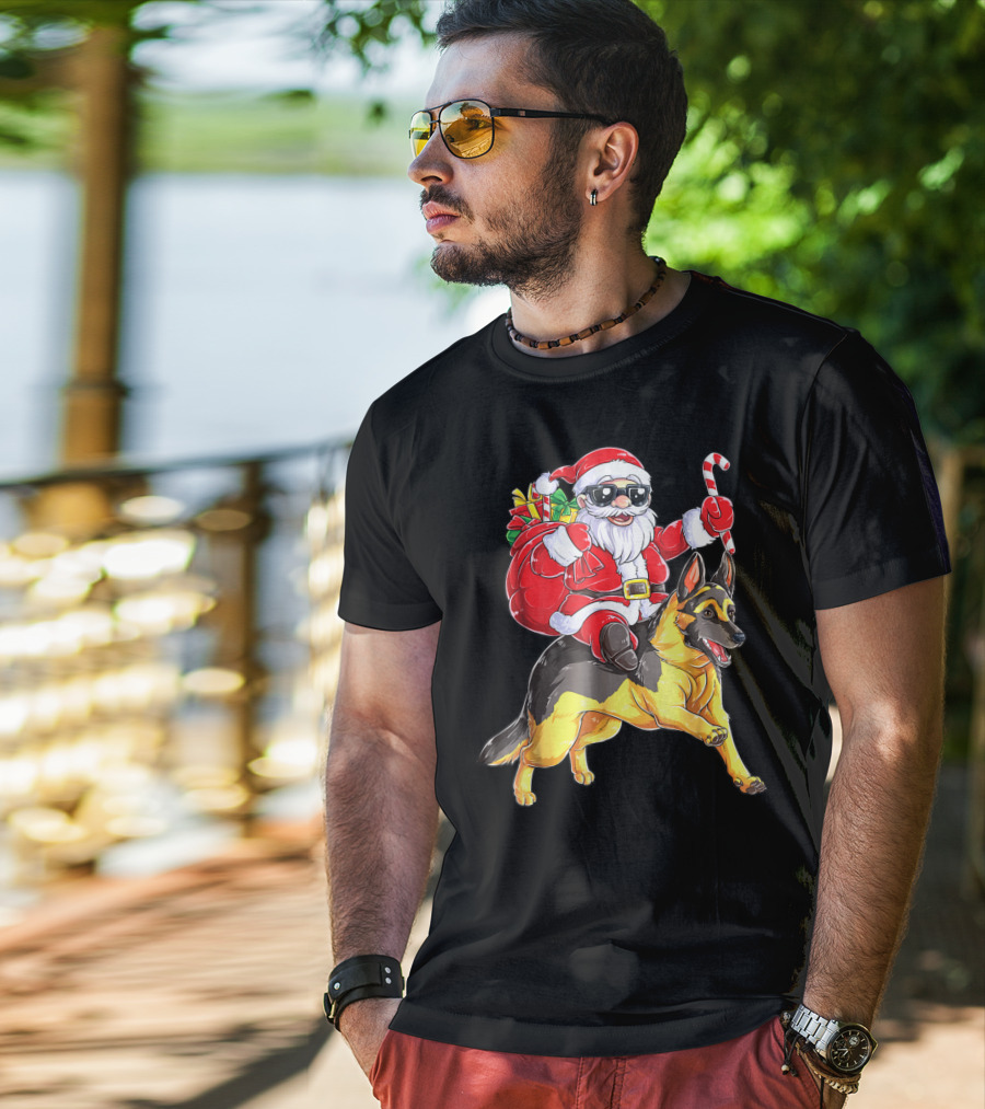 German Shepherd Woofmas With Santa Claus And Candy Cane T-Shirt