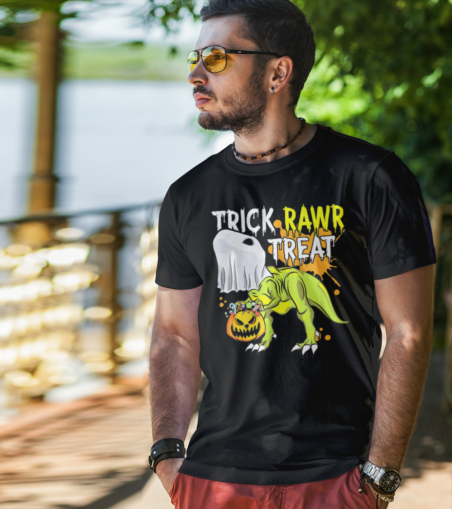 Trick Rawr Treat Halloween Dinosaur Ghost Pumpkin Boys T-Shirt