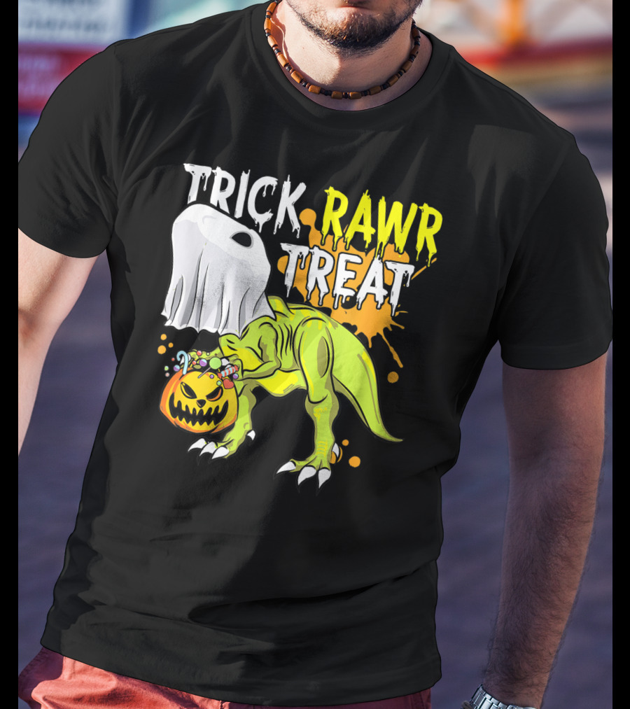 Trick Rawr Treat Halloween Dinosaur Ghost Pumpkin Boys T-Shirt