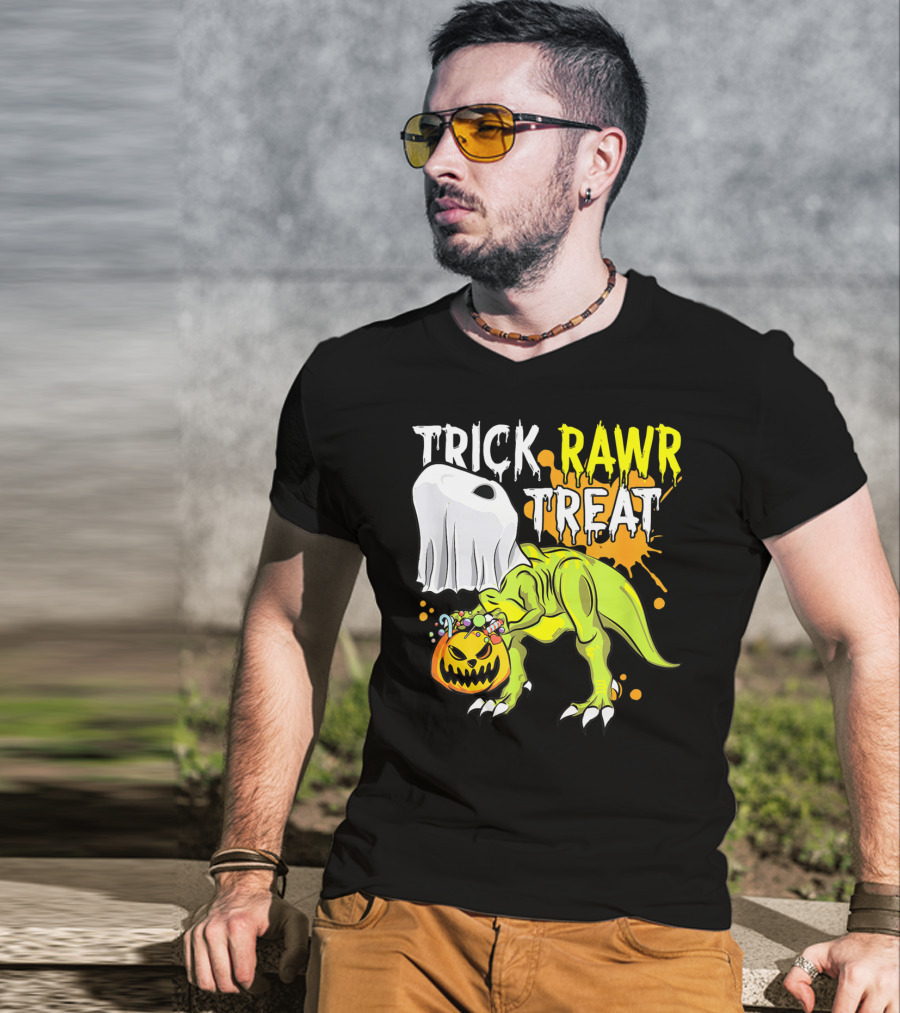 Trick Rawr Treat Halloween Dinosaur Ghost Pumpkin Boys T-Shirt