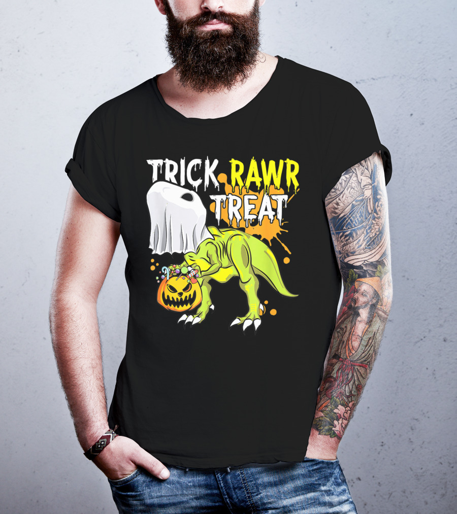 Trick Rawr Treat Halloween Dinosaur Ghost Pumpkin Boys T-Shirt