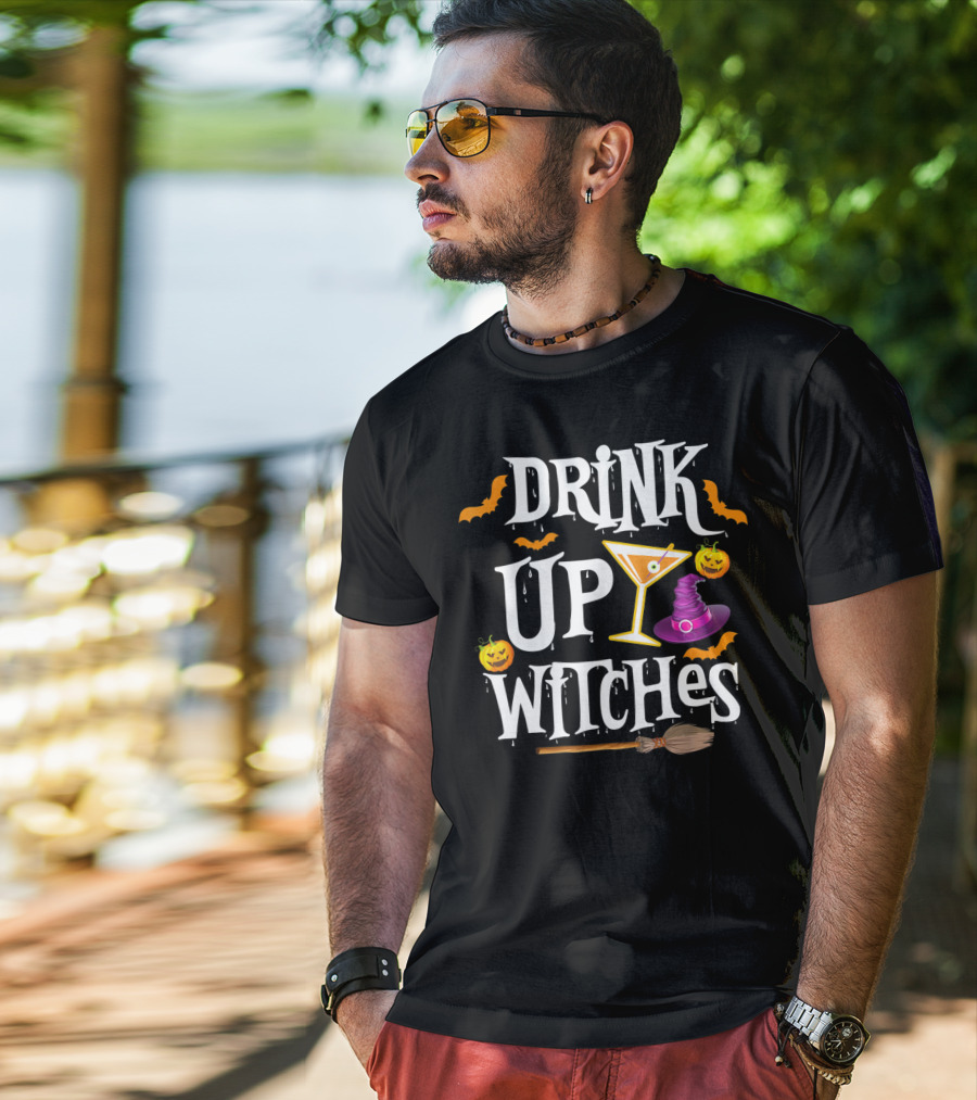 Drink Up Witches Halloween Costume Women Wine Hat Broom Martini T-Shirt
