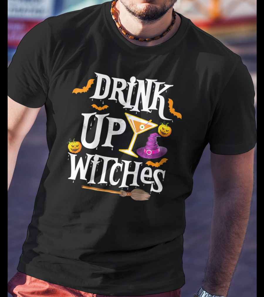 Drink Up Witches Halloween Costume Women Wine Hat Broom Martini T-Shirt