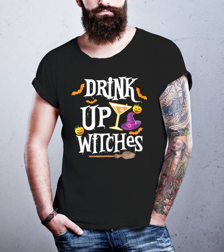 Drink Up Witches Halloween Costume Women Wine Hat Broom Martini T-Shirt