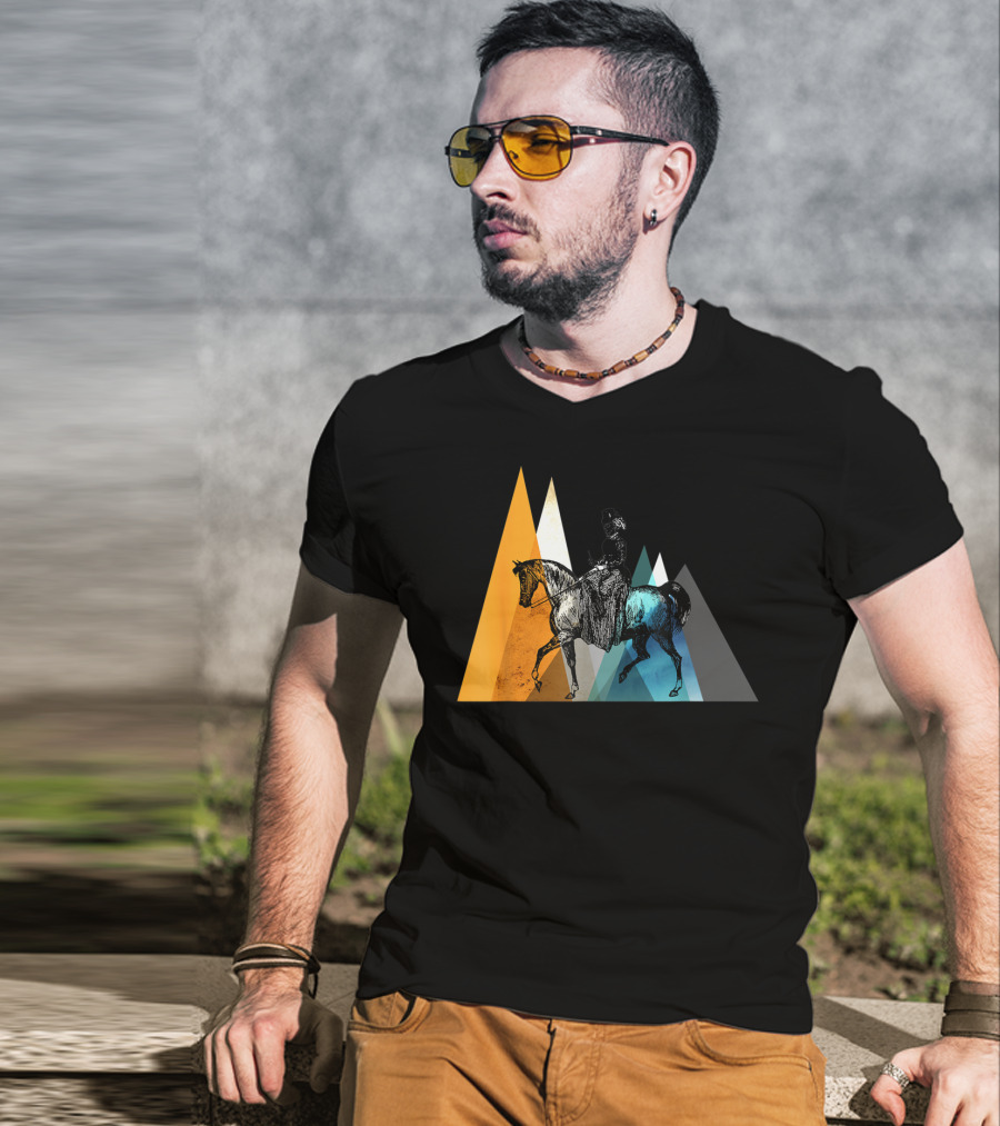 Horseback Riding Geometric Mountain Motif T-Shirt