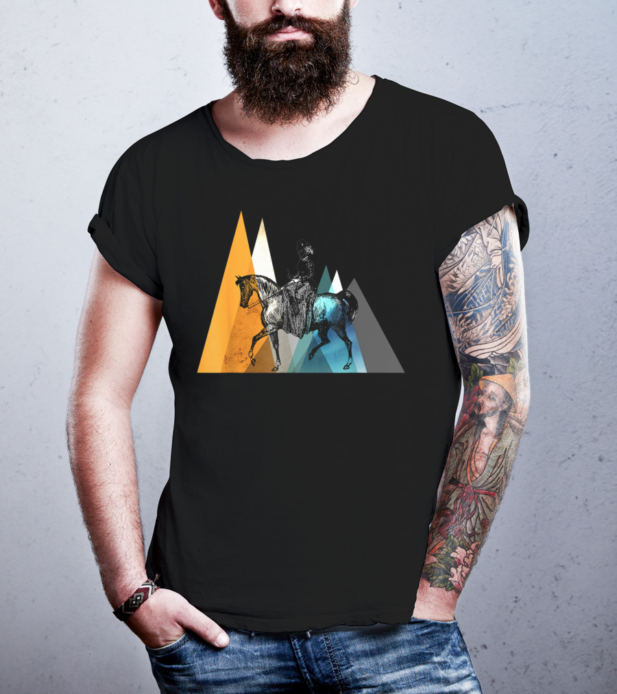 Horseback Riding Geometric Mountain Motif T-Shirt