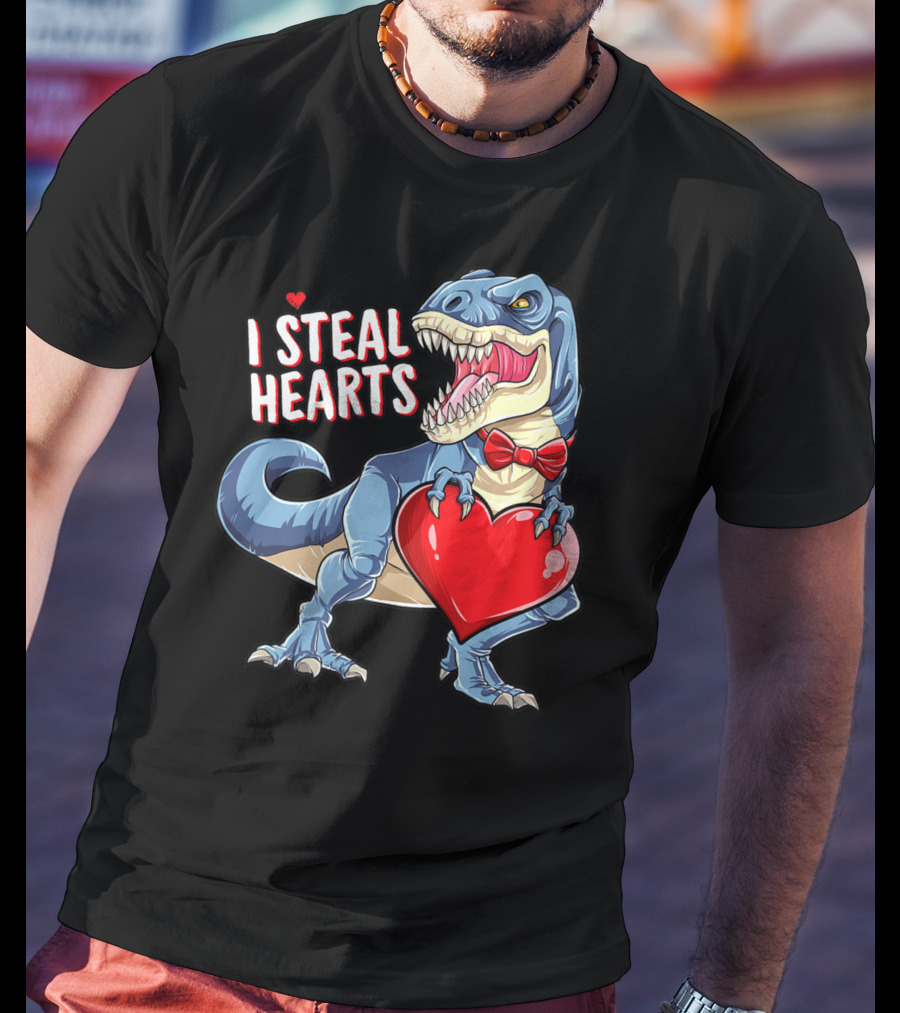 I Steal Hearts Dinosaur Rex Valentine's Day Red Bow Tie T-Shirt