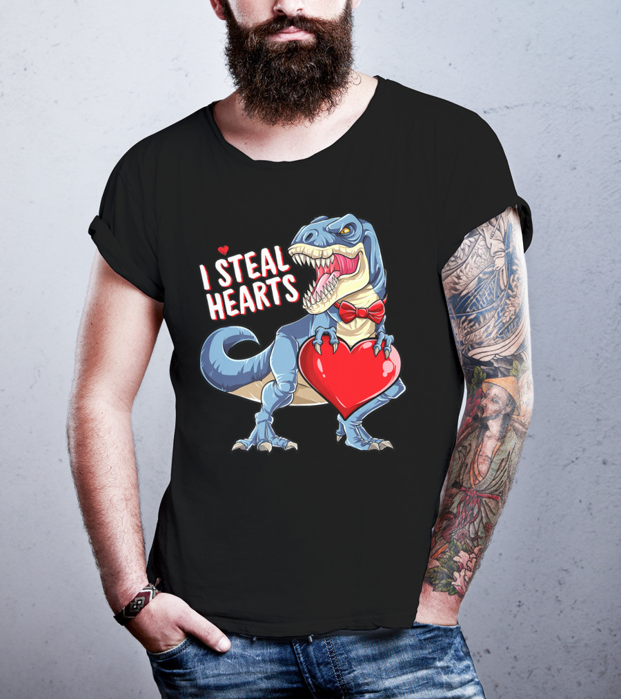 I Steal Hearts Dinosaur Rex Valentine's Day Red Bow Tie T-Shirt