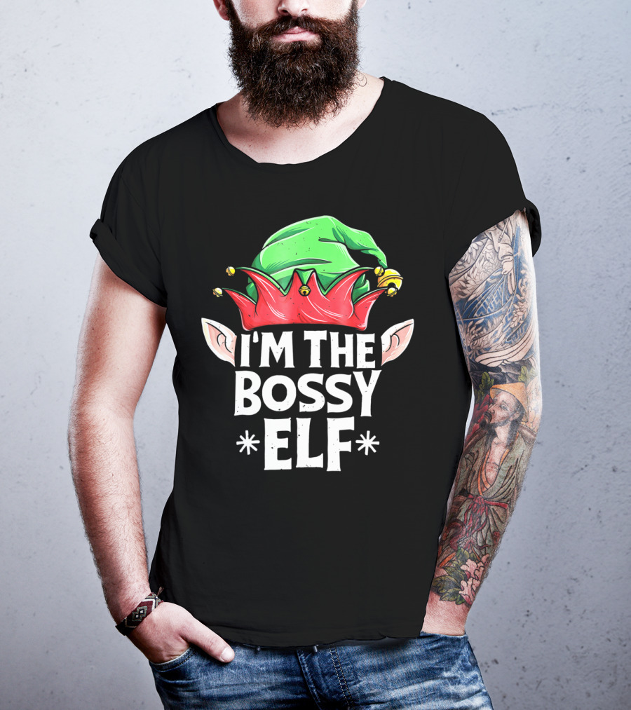 I'm The Bossy Elf Green And Red Jester Hat With Ears T-Shirt