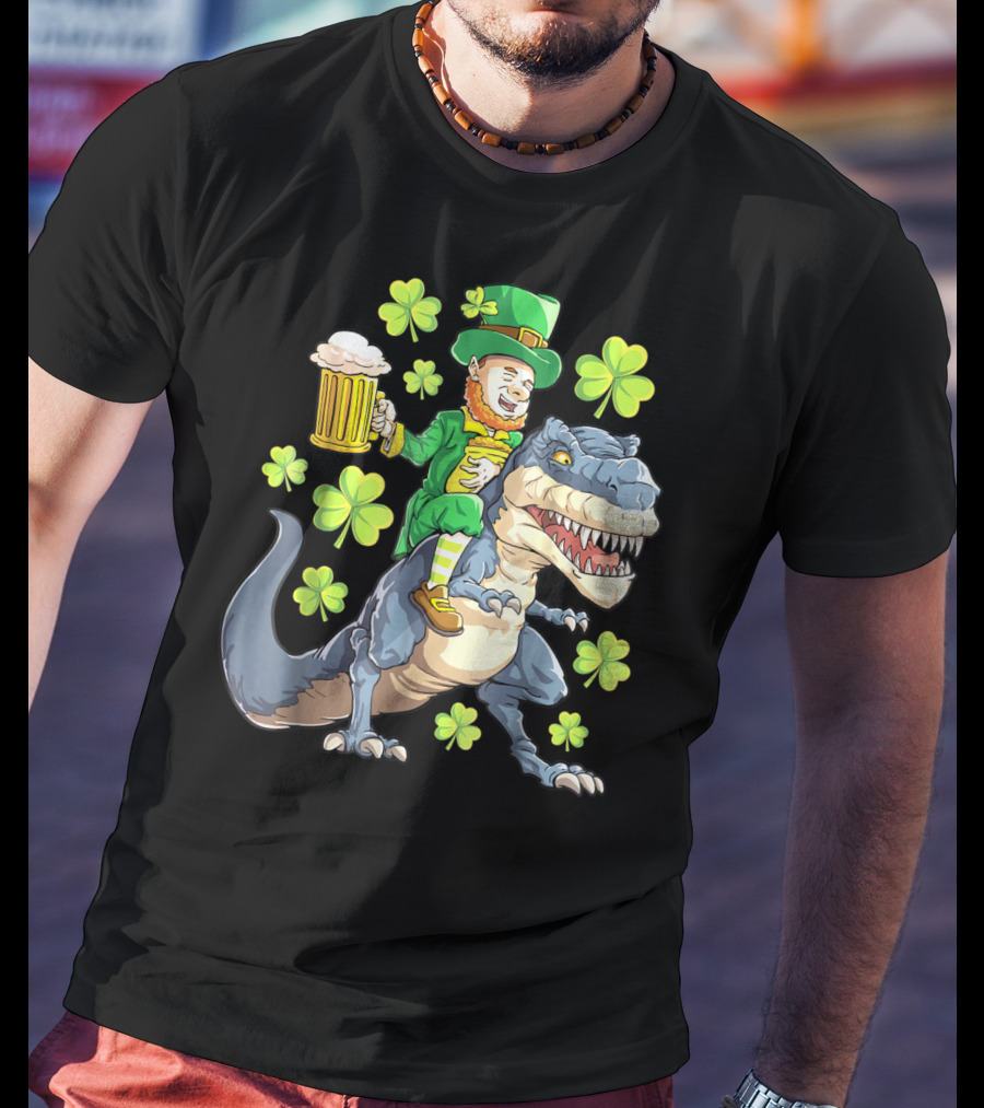 St Patricks Day Leprechaun Riding Dinosaur With Shamrocks And Beer T-Shirt