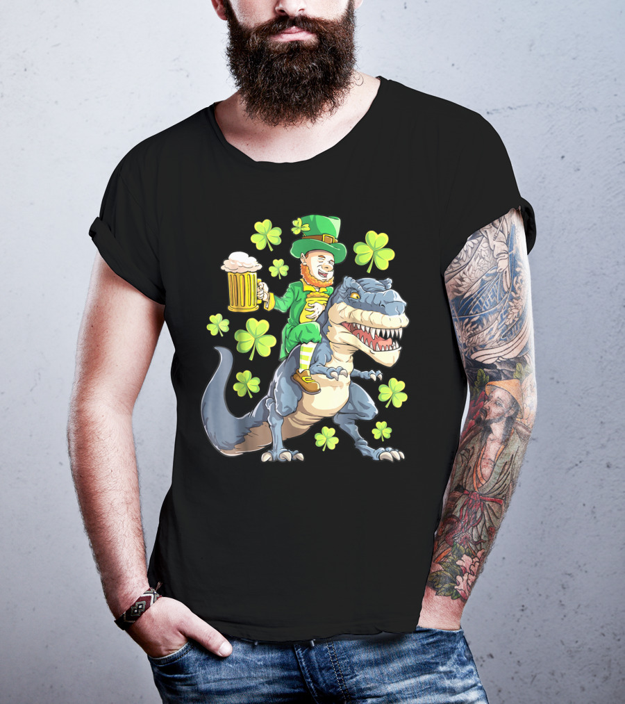 St Patricks Day Leprechaun Riding Dinosaur With Shamrocks And Beer T-Shirt