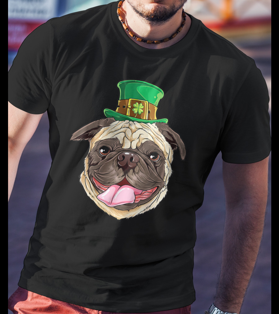 Irish Pug Wearing Leprechaun Hat With Shamrock T-Shirt