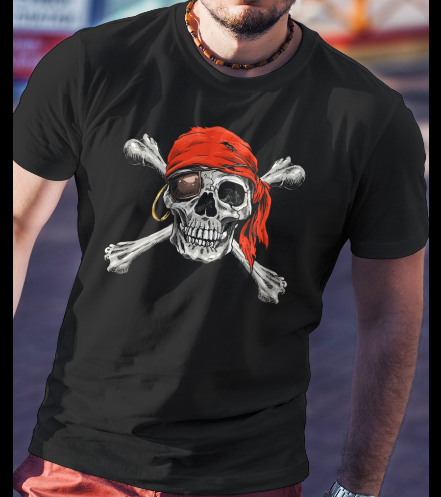 Jolly Roger Skull Crossbones Halloween Pirate Flag Red Bandana Eyepatch T-Shirt