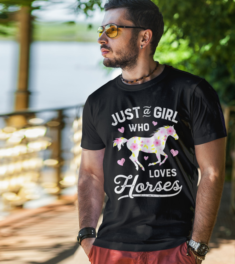 Just A Girl Who Loves Horses Floral Pattern Hearts T-Shirt
